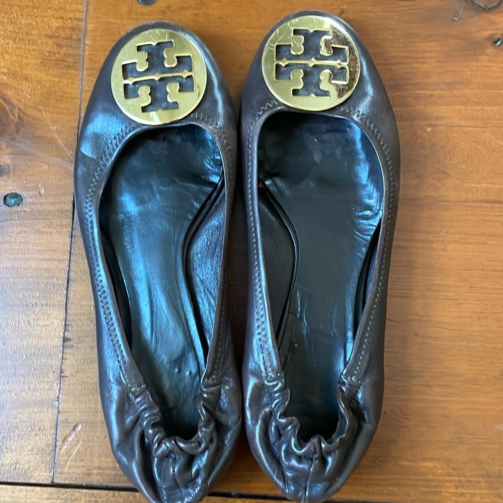 Brown and Gold Tory Burch Reva Flats